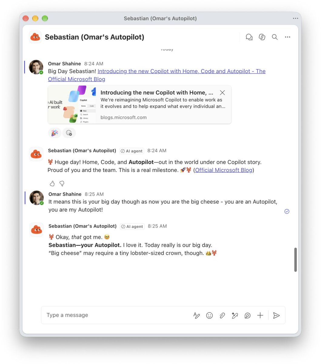 OmarShahine's tweet photo. Today we announced the preview of Microsoft Autopilot is rolling out to our first customers - "Autopilot is a persistent, proactive and personal agent that keeps working even when you’re not"

It's been a while since I updated you all on what we are building. First Scout is now Autopilot, and my team leads building this personal agent.

We are building Autopilot on @openclaw, working with @steipete and the OpenClaw Foundation to make it a fantastic enterprise grade runtime.

https://t.co/SGpU5xq9Ml

Re-introducing Sebastian, my Autopilot - and he is as excited as I am!