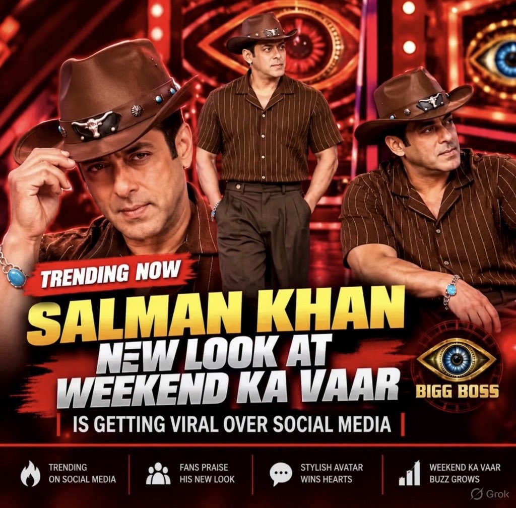 RadhaCharanDaas's tweet photo. 🚨 BREAKING: Salman Khan’s new cowboy look for #WeekendKaVaar is ABSOLUTELY FIRE 🔥

Fans are going crazy over Bhai’s stylish avatar on #BiggBoss!

This look is pure swagger 😎

#SalmanKhan #BiggBoss #WeekendKaVaar https://t.co/SsCjOi5liU