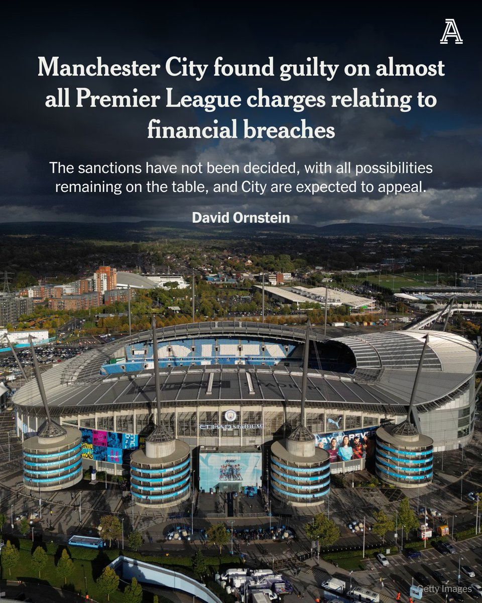 TheAthleticFC's tweet photo. EXCLUSIVE: Manchester City have been found guilty on almost all of the charges relating to breaches of the Premier League’s financial regulations.

The sanctions have not been decided, with all possibilities remaining on the table, and City are expected to appeal.

City have been found guilty on all but one of the 115 charges, according to sources briefed on the matter who spoke anonymously as they were not authorised to do so publicly.

More from @David_Ornstein

🔗 https://t.co/zYiTTVwByv
