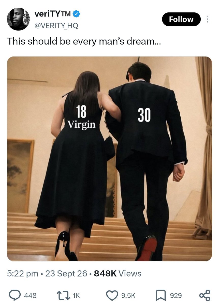 CoffeeAndCalm_'s tweet photo. A man will have sex and enjoy himself until he’s 30, but when it’s time to get married, he wants an 18-year-old virgin girl. Men with this mentality are "Ped0ph!les."
Why don’t these 30+ men marry women their own age? 🤮 https://t.co/2ogAmlB7ru