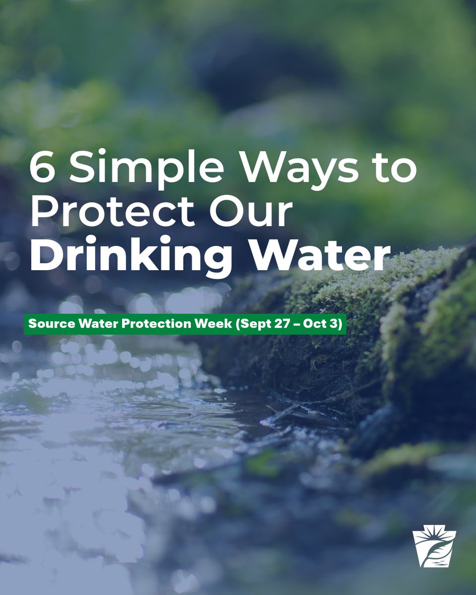 PennsylvaniaDEP's tweet photo. Weโre mid-way through #SourceWaterProtectionWeek! ๐ง๐ฑ
Clean drinking water starts long before it reaches your tap. Simple, everyday habits around your home go a long way in keeping our local rivers, streams, and groundwater clean.
Swipe through to check out 6 quick tips you can try today to help protect our water supply! โก๏ธ
#SourceWaterProtectionWeek #CleanWater #PADEP #WaterQuality