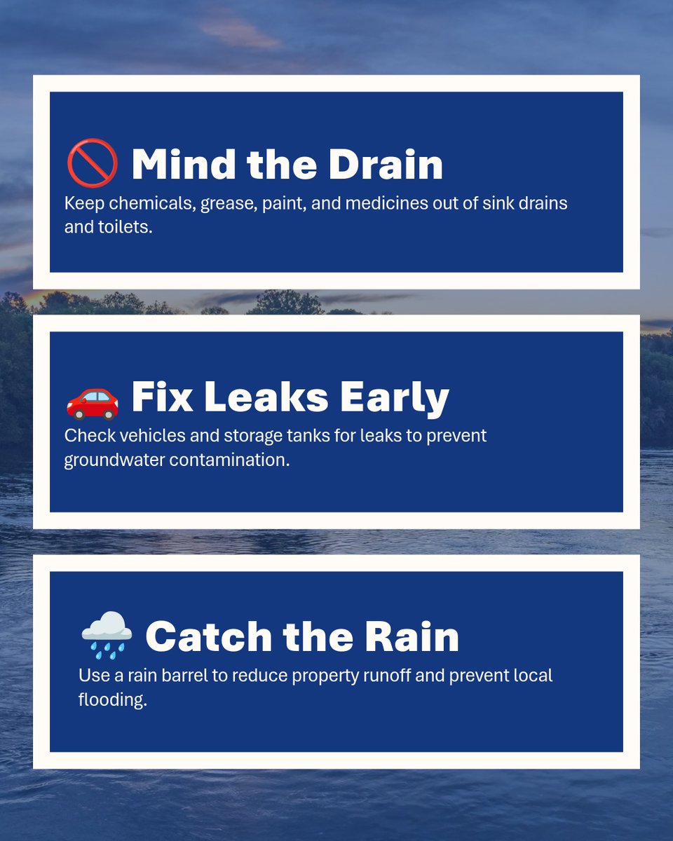 PennsylvaniaDEP's tweet photo. Weโre mid-way through #SourceWaterProtectionWeek! ๐ง๐ฑ
Clean drinking water starts long before it reaches your tap. Simple, everyday habits around your home go a long way in keeping our local rivers, streams, and groundwater clean.
Swipe through to check out 6 quick tips you can try today to help protect our water supply! โก๏ธ
#SourceWaterProtectionWeek #CleanWater #PADEP #WaterQuality