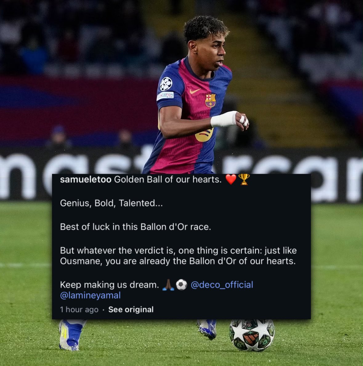 ReshadRahman's tweet photo. Absolute class from Eto’o ❤️🏆 

#LamineBalonDeOro https://t.co/eXwWpb5wSL