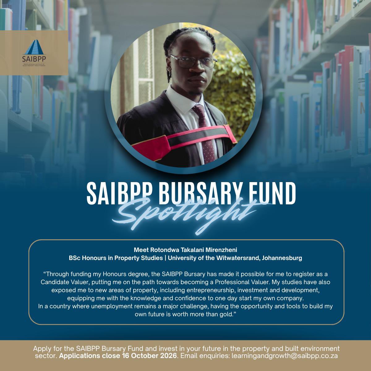 saibpp's tweet photo. From bursary support to a future in property. 🎓🏢

Meet Rotondwa Takalani Mirenzheni, a SAIBPP Bursary Fund recipient pursuing his BSc Honours in Property Studies and working towards becoming a Professional Valuer.

Application: https://t.co/I8C1XZtZ6n https://t.co/KMYcPXPtKl