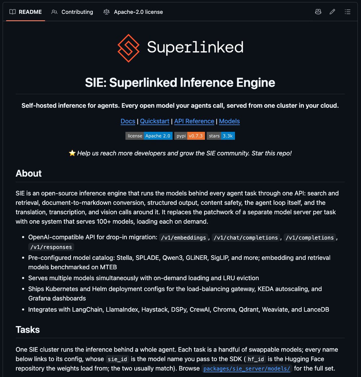 SIE screenshot showing a unified inference layer for embeddings, rerankers, OCR, structured output, safety checks, and generation models behind one self-hosted API