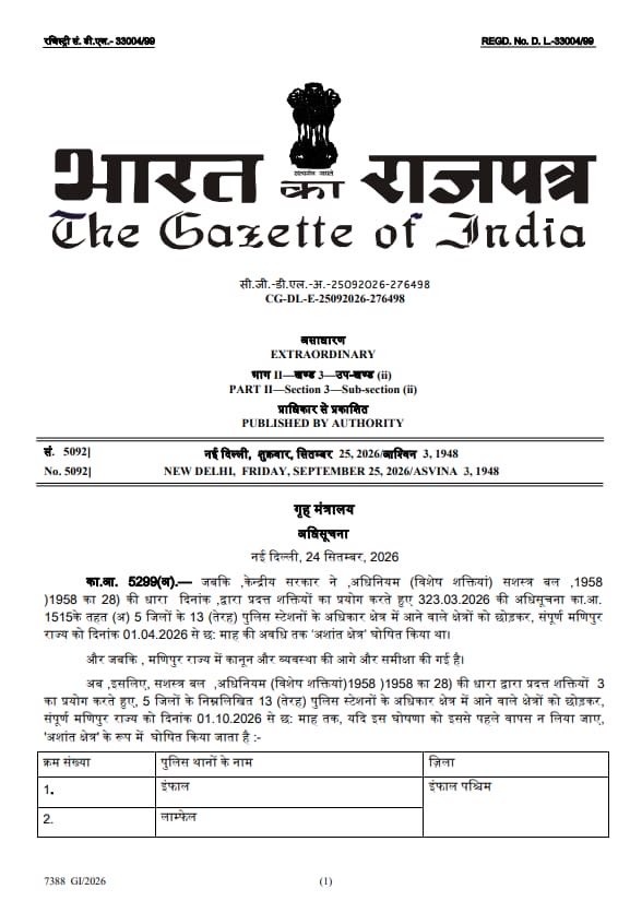 TheNewspinch's tweet photo. नागालैंड और मणिपुर को 'अशांत क्षेत्र' घोषित किया गया. राज्य छह महीने के लिए AFSPA के दायरे में.

गृह मंत्रालय (MHA) ने नागालैंड और मणिपुर में आर्म्ड फोर्सेज (स्पेशल पावर्स) एक्ट, 1958 (AFSPA) के तहत 'अशांत क्षेत्र' (disturbed area) का दर्जा 1 अक्टूबर, 2026 से छह महीने के लिए बढ़ा दिया है, जब तक कि इसे पहले वापस न ले लिया जाए. 

नागालैंड में, AFSPA की धारा 3 के तहत नौ जिलों और पांच अन्य जिलों के 21 पुलिस स्टेशनों के अंतर्गत आने वाले खास इलाकों को अशांत क्षेत्र घोषित किया गया है.