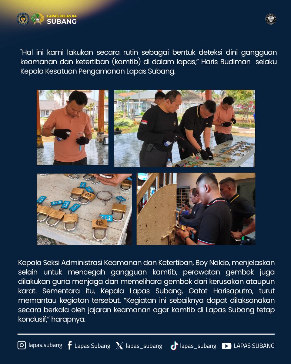 lapas_subang's tweet photo. Pengamanan semakin kuat, Kamtib semakin terjaga! 🔐

Lapas Kelas IIA Subang melaksanakan pengendalian peralatan keamanan melalui pengecekan, pembersihan, dan rolling gembok sebagai langkah deteksi dini dalam mencegah potensi gangguan keamanan dan ketertiban. https://t.co/FmJSGZJao0