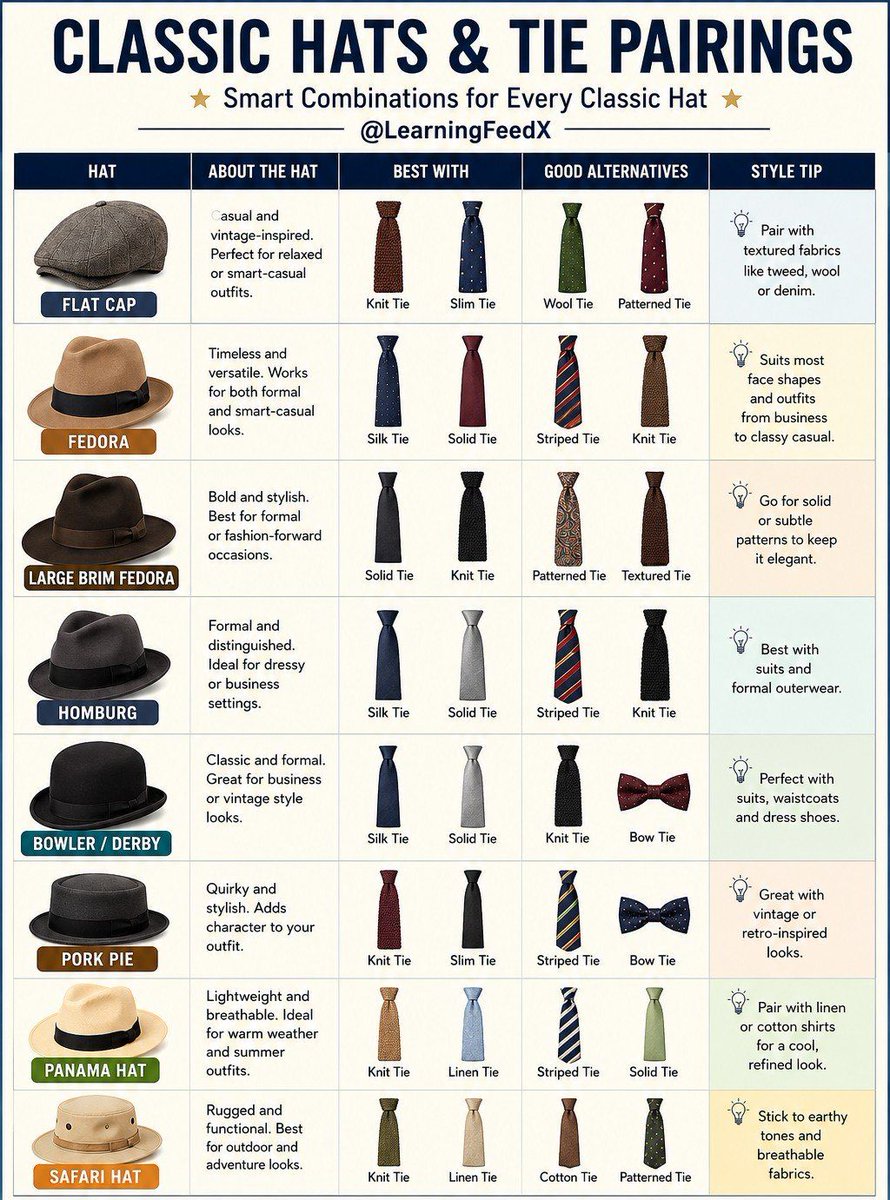 AIGuideHQ's tweet photo. Classic Hat &amp; Tie Style Guide

 Follow for more @AIGuideHQ https://t.co/rWNOOzI3cS