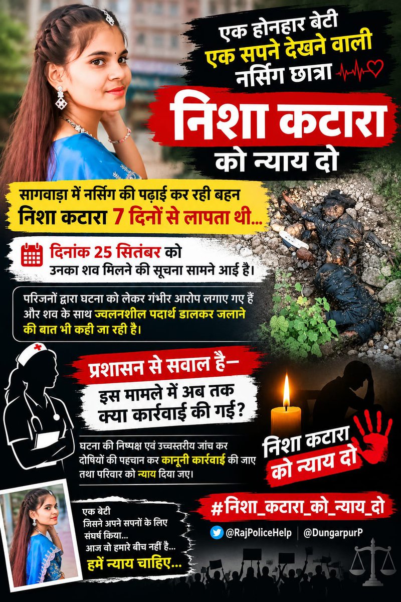 aadeevase's tweet photo. सागवाड़ा में नर्सिंग कर रही बहन‌ निशा‌ कटारा‌ 
7 दिनों से लापता थी दिनांक 25/को लाश मिली है साथ ही इस बैहन को #ACD डालकर जला भी दिया गया है अब तक प्रशासन ने आरोपीयों के खिलाफ क्या कार्यवाही की ज़बाब देवें 
  @RajPoliceHelp
@DungarpurP
#निशा_कटारा_को_न्याय_दो https://t.co/z6beRjv7Xc