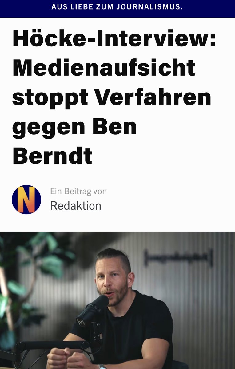 PetrBystronAfD's tweet photo. Sieg für Ben: Medienaufsicht stoppt Vorgehen nach Höcke-Interview

Monatelang prüfte die Medienanstalt NRW den Podcaster Ben Berndt wegen seines Höcke-Interviews. Jetzt ist Schluss: keine weiteren Maßnahmen, kein Bußgeld, keine Anordnung zur Änderung. Der Fall reicht über Deutschland hinaus: Die Freiheit der Meinungsäußerung und der Medien ist auch in der EU-Grundrechtecharta verankert.

Ein wichtiges Signal für freie, ungeskriptete Gespräche – gerade in politisch aufgeheizten Zeiten.