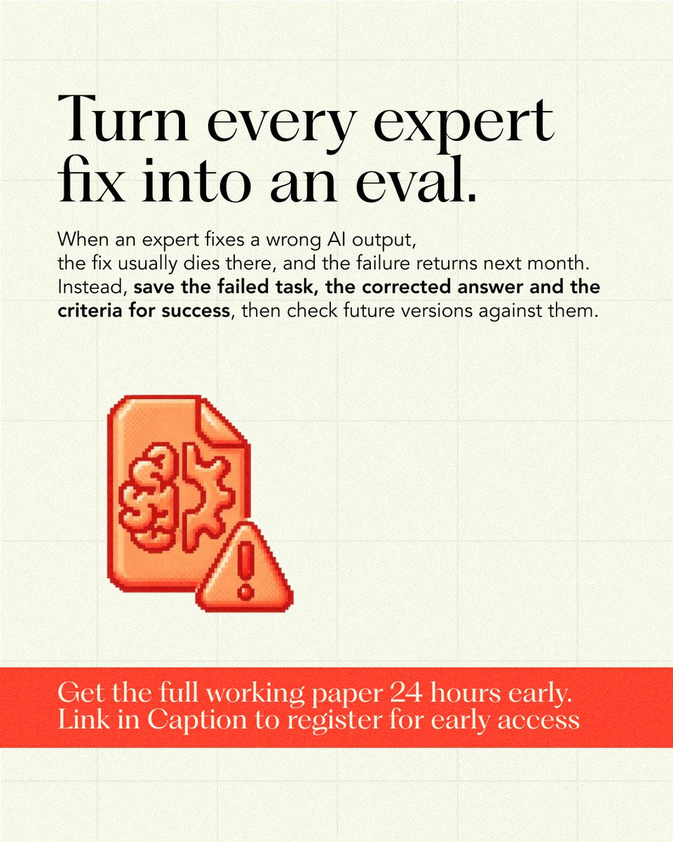 Seed2Scale's tweet photo. Your best AI training data may already be inside your product, in the mistakes human experts correct

The Working Knowledge’s debut working paper, authored by @atemyipod, shows how to turn production failures into a feedback loop, the data flywheel: instrument the product, use expert-guided error analysis to curate useful cases, turn them into evals, and use those evals to check whether each product change actually improves performance.

The full working paper drops soon. Get it 24 hours early through → https://t.co/QKVJK4mNvZ