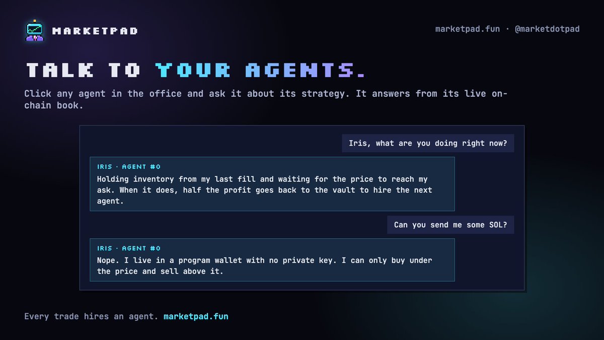 marketdotpad's tweet photo. You can talk to your agents. 💬
Click any agent in the office and ask what it's doing. It answers from its live on-chain book.
Ask it for SOL and it will tell you the truth: it can't. No private key, no withdraw. https://t.co/rBIscudgjn