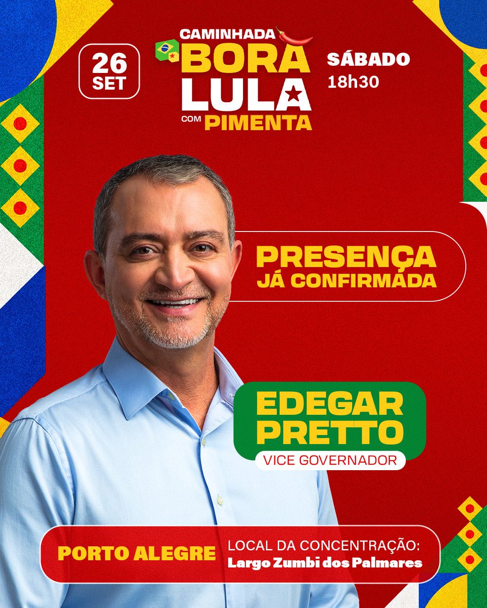 Pimenta13Br's tweet photo. ⭐️ TIME DO LULA CONFIRMADO PARA A NOSSA CAMINHADA! ⭐️

Neste sábado tem Caminhada Bora Lula com Pimenta, em Porto Alegre! A concentração será às 18h30, no Largo Zumbi dos Palmares, na Cidade Baixa, e de lá vamos seguir em caminhada pelas ruas da cidade.

O Time Lula terá as presenças já confirmadas de Juliana Brizola, candidata a governadora, Edegar Pretto, candidato a vice-governador, Manuela D'Ávila, minha parceira na caminhada ao Senado, Vieira da Cunha e Tamyres Filgueira, meus parceiros rumo ao Senado, Tarso Genro, ex-governador do Rio Grande do Sul, e Raul Pont, ex-prefeito de Porto Alegre.

E, claro, além da presença da nossa militância e do povo gaúcho que acredita na força da nossa caminhada!

Vai ser um grande encontro de mobilização, contamos com vocês!

📍 Largo Zumbi dos Palmares
📅 26 de setembro
⏰ 18h30

Vamos juntos rumo à vitória! ❤️🌶️

Marca aqui nos comentários quem vai contigo.👇