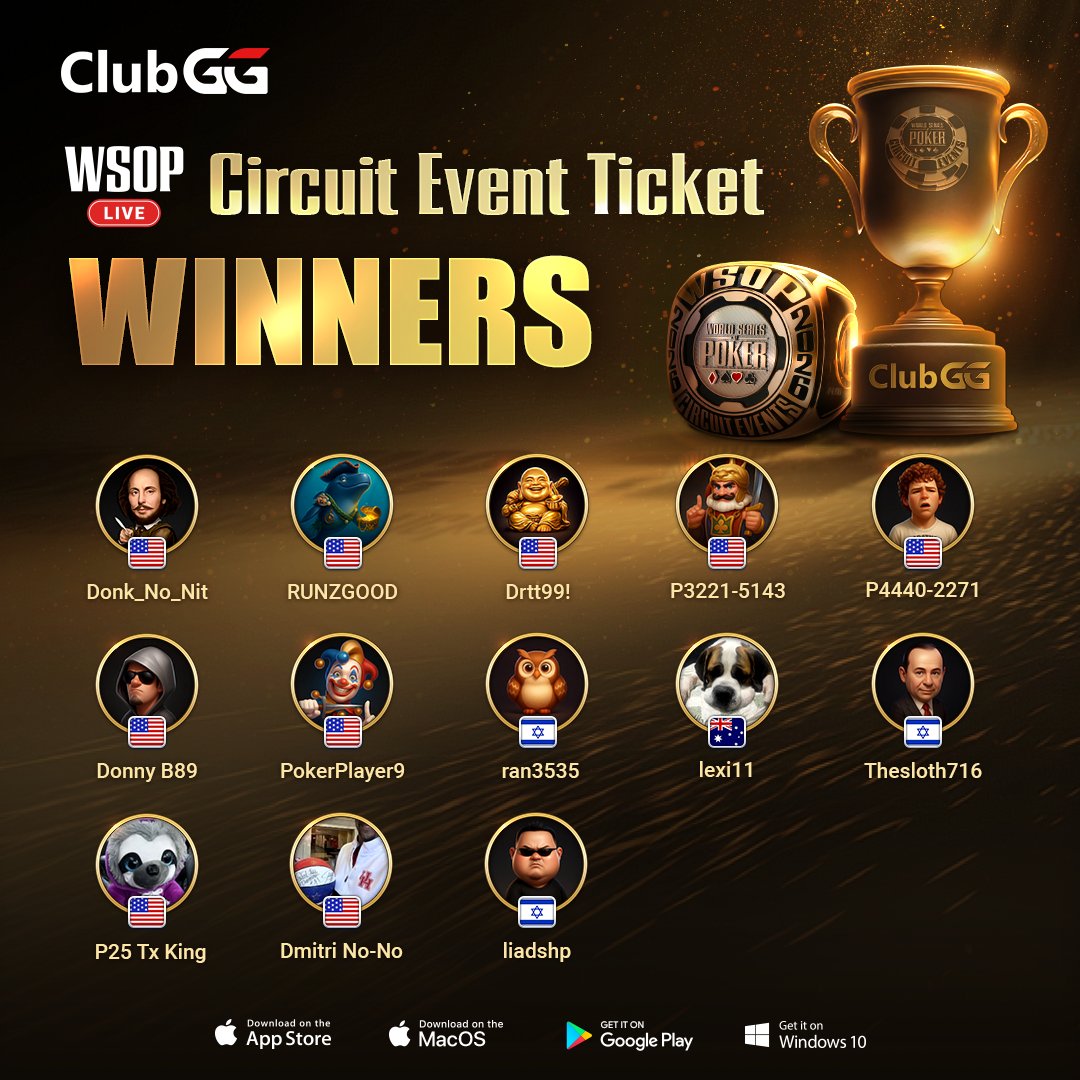ClubGG_Poker's tweet photo. Another wave of WSOP Circuit tickets won. 🏆🎟️
Huge congrats to all our latest winners! Your Road to WSOP Circuit just got real.
More tickets. More winners. More chances to get there with ClubGG. 🔥
#ClubGG #RoadToWSOPC #WSOPCircuit https://t.co/ObLlYb8pl4
