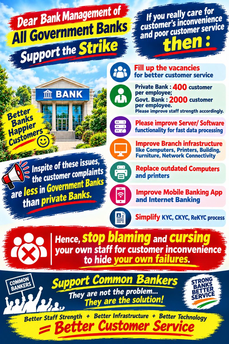 Vaibhav34596457's tweet photo. Top Management of,
All Government Banks

If you really care for customer's inconvenience and poor customer service then :

➡️ Fill up the vacancies for better customer service

➡️ Private Bank : 400 customer per employee; Govt. Bank : 2000 Customer per employee. Please improve staff strength accordingly.

➡️ Please improve Server/ Software functionality for fast data processing

➡️ Improve Branch infrastructure like Computers, Printers, Building, Furniture, Network Connectivity

➡️ Replace outdated Computers and printers

➡️ Improve Mobile Banking App and Internet Banking

➡️ Simplify KYC, CKYC, ReKYC process

Inspite of these issues the Customer complaints are lower in Government Banks than private Banks.

Hence, stop blaming and cursing your own staff for customer inconvenience to hide your own failures.
#5DayBankingAndFairPLI @aiboc_in #FBOIOA @SushantBSinha @DFS_India