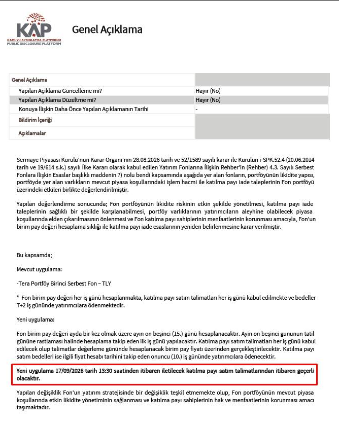 fonunmagdurlari's tweet photo. BANKALAR SAAT BELİRTMEDEN CEVAP VERİP SUÇTAN KAÇMAYA ÇALIŞIYOR! İŞTE RESMİ KAP BELGESİ!

Bazi bankalar SPK 2026/61 Bülteni varken bilerek 60 bültenini referans alarak "17 Eylül SPK kararıyla iptal edildi" diyor ama SAAT SÖYLEMİYOR. Neden mi?

Çünkü Tera'nın 17 Eylül 09:56'daki resmi KAP bildiriminde aynen şu yazıyor: "Yeni uygulama 17/09/2026 saat 13:30'dan itibaren iletilecek emirler için geçerlidir."

Yani 13:30 öncesinde verilen tüm emirler yasal ve bağlayıcıdır! SPK 2026/61 Bülteni Madde 6 da bu emirleri "öncelikli borç" saymıştır.

Banka emri TEFAS'a iletmediyse banka suçludur! TEFAS reddettiyse Takasbank suçludur! Hiçbir kurum "saat belirtmeden" işin içinden sıyrılamaz. İşlem loglarını ve zaman damgalarını açıklamak zorundasınız!

Biz kendi hakkımızı savunmazsak kimse bizim yerimize savunmaz!

📌CİMER, KDK, SPK, Bankalar, TBB, BDDK, e-Dilekçe ve tüm milletvekillerine tek tıkla şikayet gönderebileceğiniz güncel hazır metinler için platformumuzdaki şikayet sihirbazını kullanın:
https://t.co/uynIzCiE0L 

#tly #thf #tmv #tp2 #pnu #fsu #doh #dfi #TeraMağduriyetiSonBulsun #fonmağdurları #FonMagdurlari #TefasMagdurlari #SPK #MehmetSimsek #TBMM #CIMER #KDK #DDK #FonMağdurları #TEFAS #Takasbank #Fibabanka #akbank #garanti

@55erhanusta
@cevdetakaychp
@spkgovtr
@Takasbank
@memetsimsek
@RTErdogan