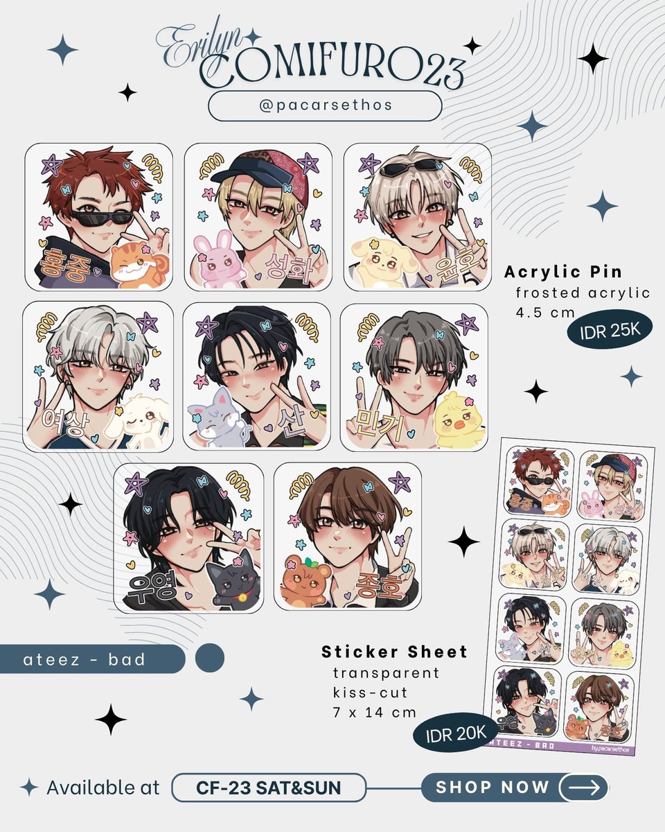 pacarsethos's tweet photo. [💖🔁 are very appreciated]
erilyn’s #cf23 merch PO OPEN!

🍰 pick-up both days &amp; mail order
🍰 table no. H04-05
🍰 genshin impact, honkai star rail (hsr), ateez

📆 po deadline: 5 oct 2026
🔗 order form https://t.co/WNXi2QYxGL

#comifuro23 #comifuro23catalogue https://t.co/RPJ0xrkSYo