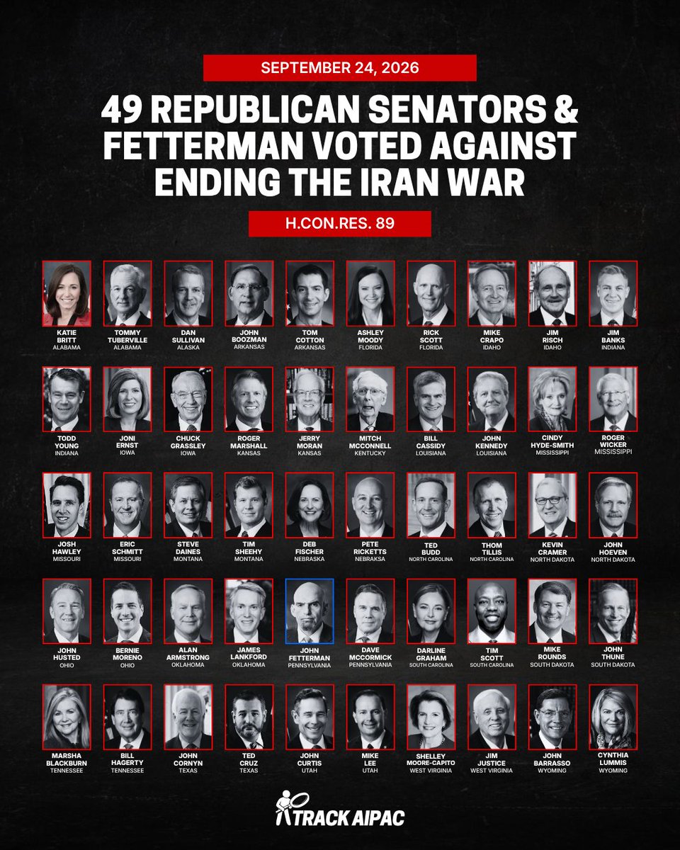TrackAIPAC's tweet photo. Yesterday, the Senate rejected a House-passed resolution calling for an end to the war with Iran by a 49–50 vote. The 50 votes against came from 49 Republican senators and Democratic Sen. John Fetterman of Pennsylvania. https://t.co/pWvCI3z7Y6