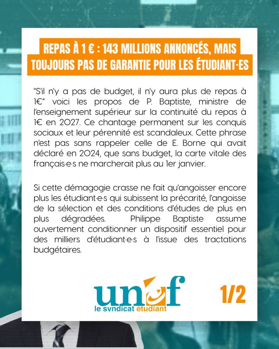 UNEF's tweet photo. 143 millions d’euros annoncés pour le repas à 1€ mais toujours aucune garantie pour les étudiant•e•s. Le chantage de P. Baptiste est inadmissible, les étudiant•e•s ne sont pas la variable d’ajustement budgétaire du gouvernement https://t.co/uNU1wnw4wF