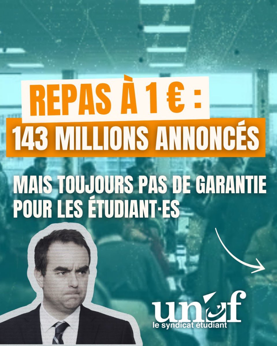 UNEF's tweet photo. 143 millions d’euros annoncés pour le repas à 1€ mais toujours aucune garantie pour les étudiant•e•s. Le chantage de P. Baptiste est inadmissible, les étudiant•e•s ne sont pas la variable d’ajustement budgétaire du gouvernement https://t.co/uNU1wnw4wF