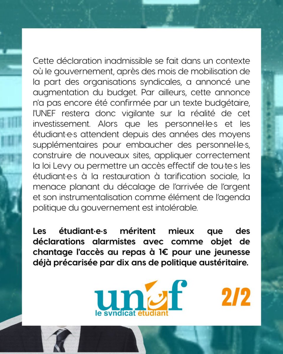UNEF's tweet photo. 143 millions d’euros annoncés pour le repas à 1€ mais toujours aucune garantie pour les étudiant•e•s. Le chantage de P. Baptiste est inadmissible, les étudiant•e•s ne sont pas la variable d’ajustement budgétaire du gouvernement https://t.co/uNU1wnw4wF