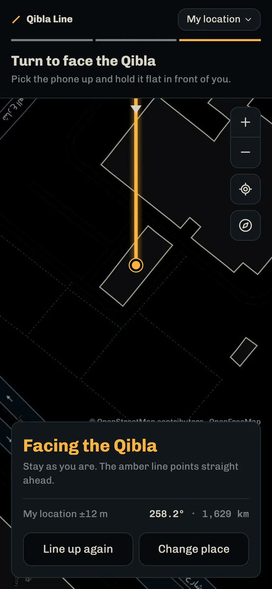 hashir's tweet photo. How it works: lay the phone flat with its top edge against a wall. Turn the dial until the map lines up with that wall. Then turn until it says you're facing the Qibla.

The turn uses the gyroscope, so magnets and steel can't throw it off. No backend, no tracking, and you can add it to your Home Screen on your phone to use it as a webapp.