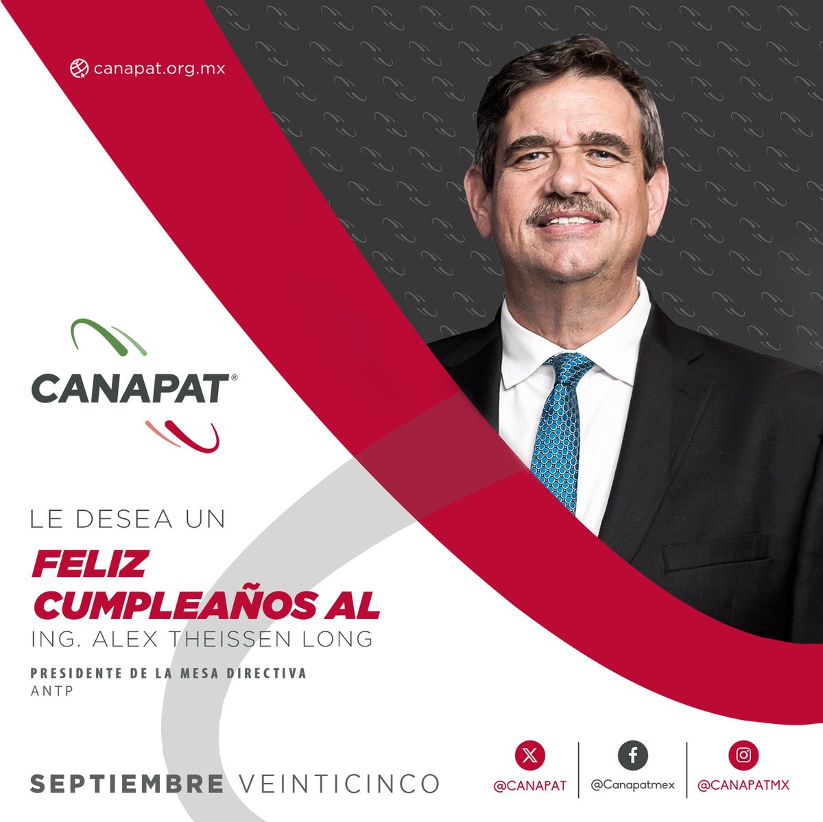 CANAPAT's tweet photo. Enviamos felicitación al Ing Alex Theissen Long @AlexTheissenL presidente de la mesa directiva de la @ANTPMexico con motivo de su cumpleaños.

¡Enhorabuena!
#CANAPAT 

@Virginia_Olalde https://t.co/kvb2K0AmO1
