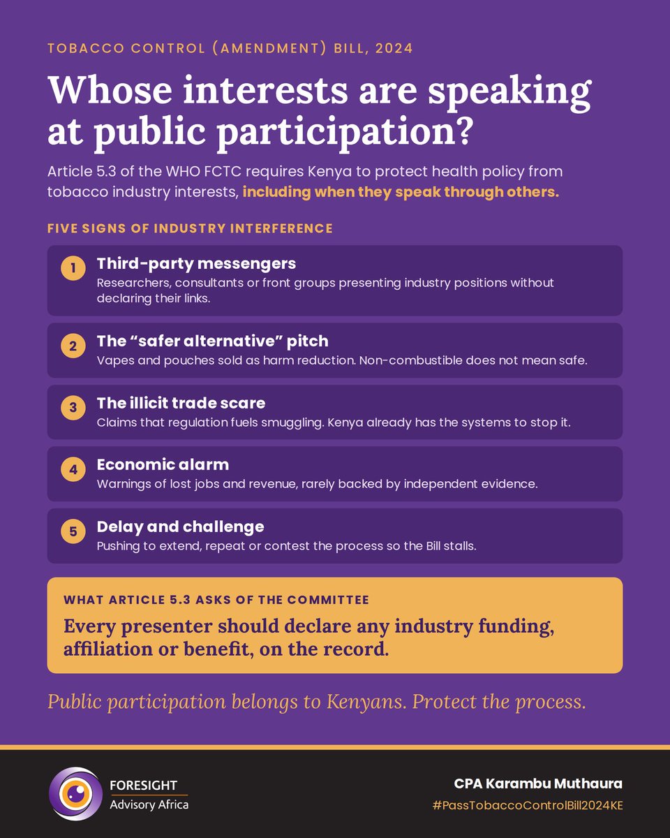 karambu's tweet photo. Public participation belongs to Kenyans. Article 5.3 of the WHO FCTC protects health policy from tobacco industry interests, including when they speak through others.
Every presenter on the Tobacco Bill should declare industry links, on the record.
#PassTobaccoControlBill2024KE https://t.co/cW8AwgpUQz