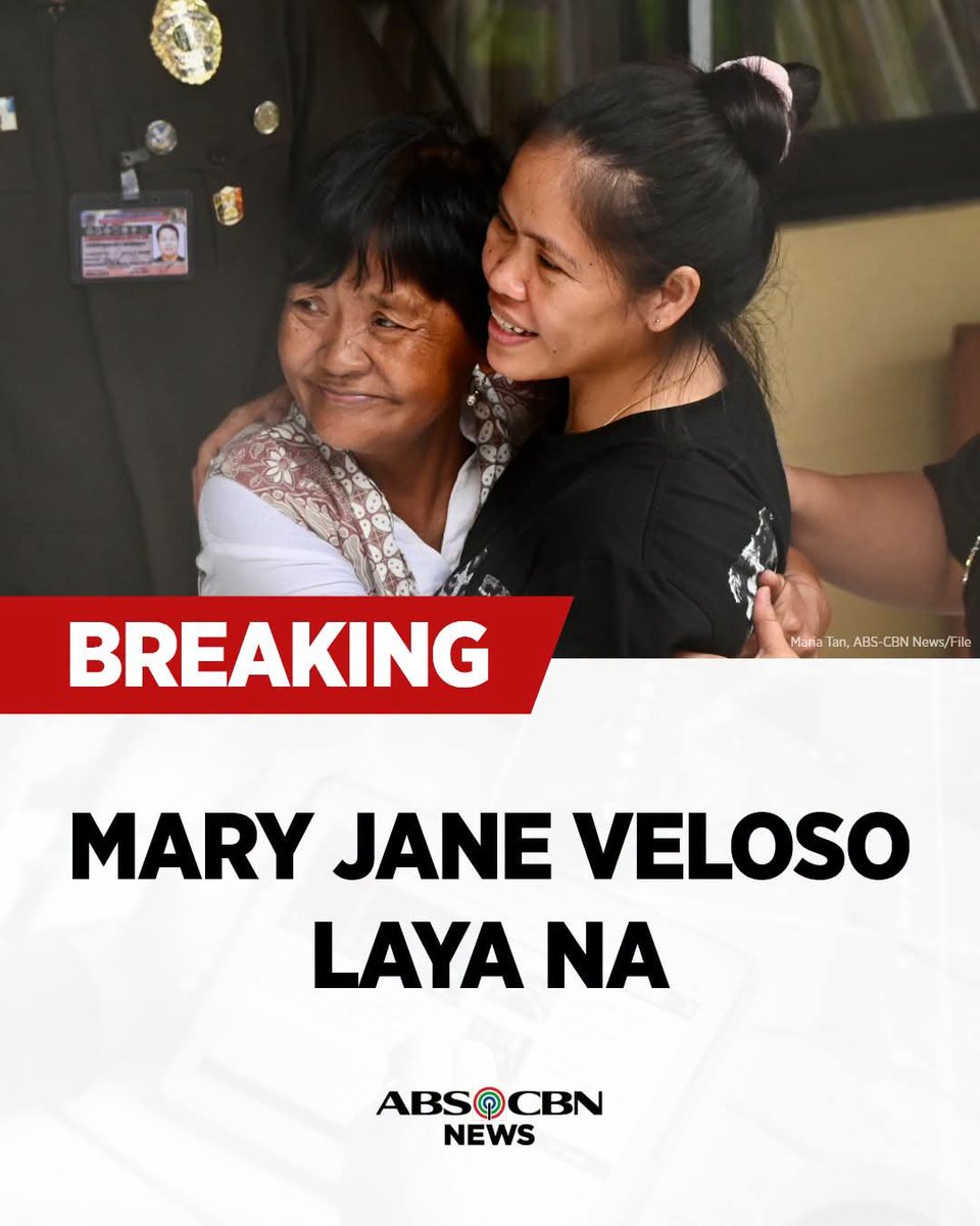 drjarinadgpi's tweet photo. BREAKING: Opisyal nang nakalaya si Mary Jane Veloso, 9 p.m. ngayong Biyernes, September 25, 2026.
Hinihintay na lang ang kaniyang mga kaanak na susundo sa kanya pabalik sa kanilang bahay sa Nueva Ecija.
#ABSCBN
#ABSCBNNews
#AbsolutePardon
#MaryJaneVeloso https://t.co/TBAFaL1nN1