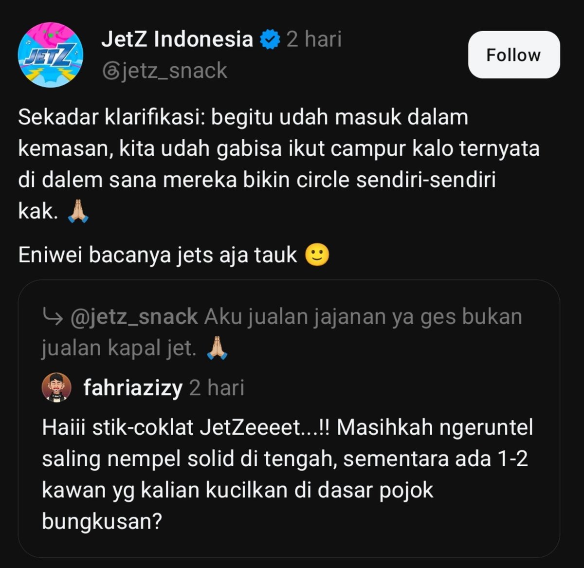 areumdowoonie's tweet photo. Admin JetZ lagi dirujak di sebelah 😭🙏

Jadi admin JetZ bilang, kalo JetZ itu bacanya "jets". Padahal di ingatan kolektif masyarakat milenial, sejak kecil mereka yakin bahwa JetZ itu bacanya "jetzet".

Sampai akhirnya Joshua Suherman, artis voice overnya, turun tangan klarifikasi 😭🙏