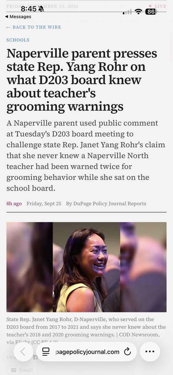 Shannon_A_IL's tweet photo. Naperville 203 groomer teacher was dismissed in 2024, after SIX years of sexual grooming complaints and investigations that were kept hidden. 

@jyangrohr was school board member at the time of initial complaints about Madden and at least one other teacher. 

Janet claims she knew nothing. 

Well, she voted for the SafeT Act that releases pedophiles onto the street.

We know where she stands. 

Vote @AjayGuptaTweets for District 41.