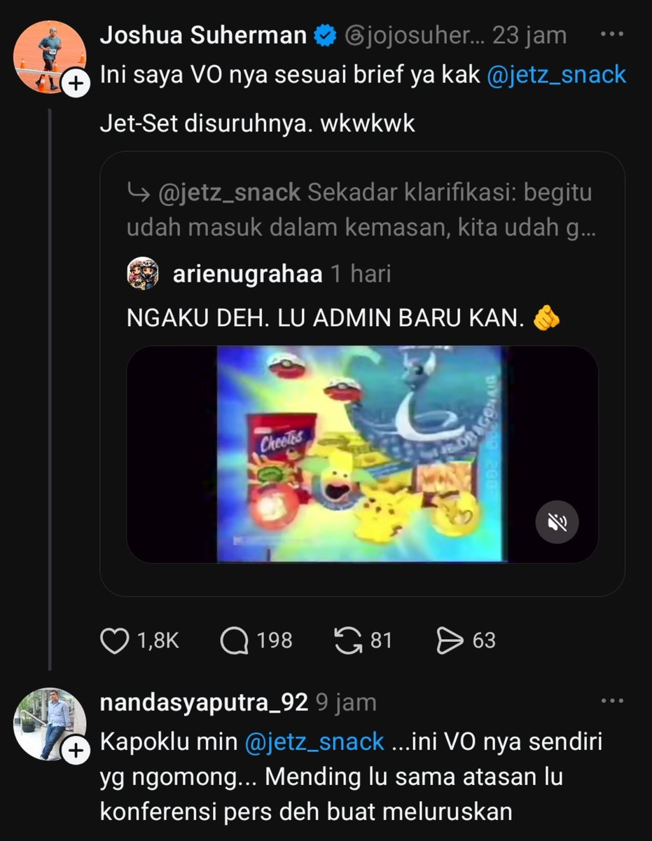 areumdowoonie's tweet photo. Admin JetZ lagi dirujak di sebelah 😭🙏

Jadi admin JetZ bilang, kalo JetZ itu bacanya "jets". Padahal di ingatan kolektif masyarakat milenial, sejak kecil mereka yakin bahwa JetZ itu bacanya "jetzet".

Sampai akhirnya Joshua Suherman, artis voice overnya, turun tangan klarifikasi 😭🙏