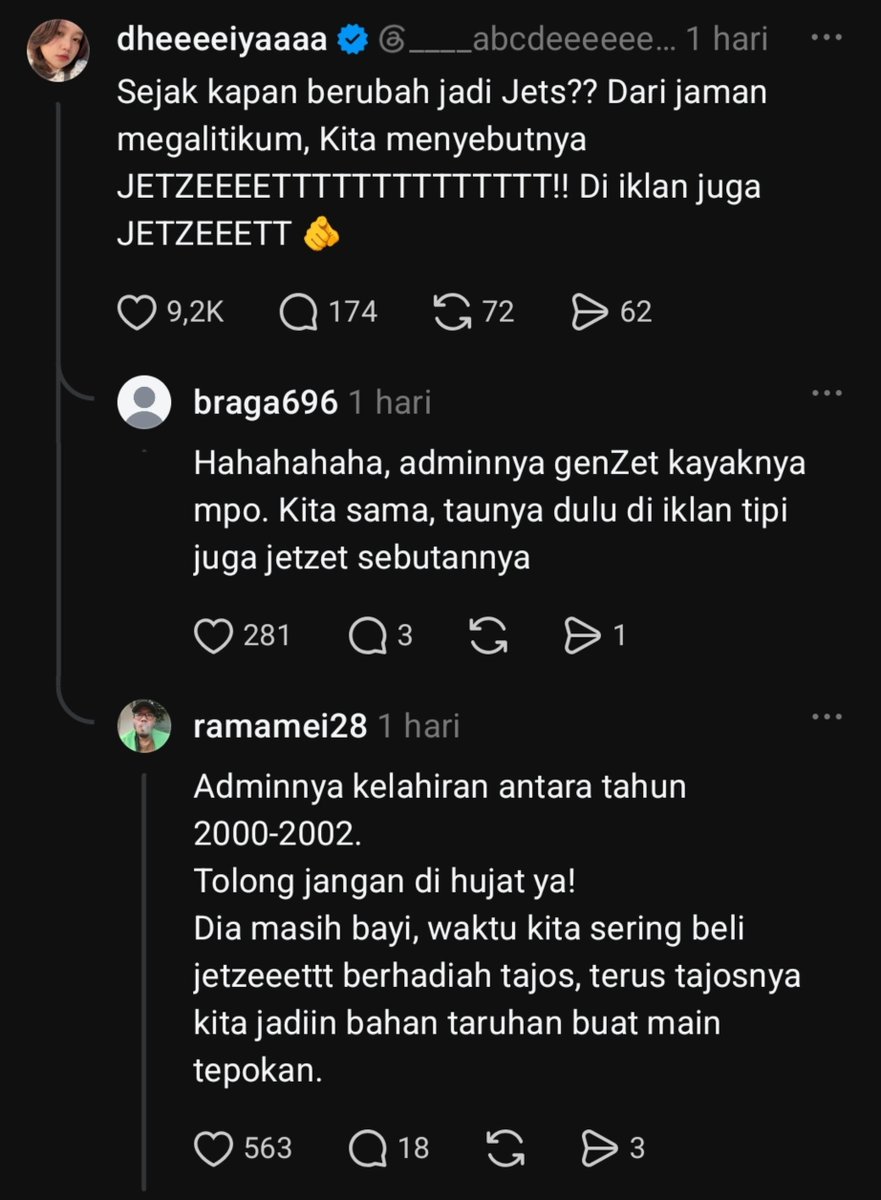 areumdowoonie's tweet photo. Admin JetZ lagi dirujak di sebelah 😭🙏

Jadi admin JetZ bilang, kalo JetZ itu bacanya "jets". Padahal di ingatan kolektif masyarakat milenial, sejak kecil mereka yakin bahwa JetZ itu bacanya "jetzet".

Sampai akhirnya Joshua Suherman, artis voice overnya, turun tangan klarifikasi 😭🙏