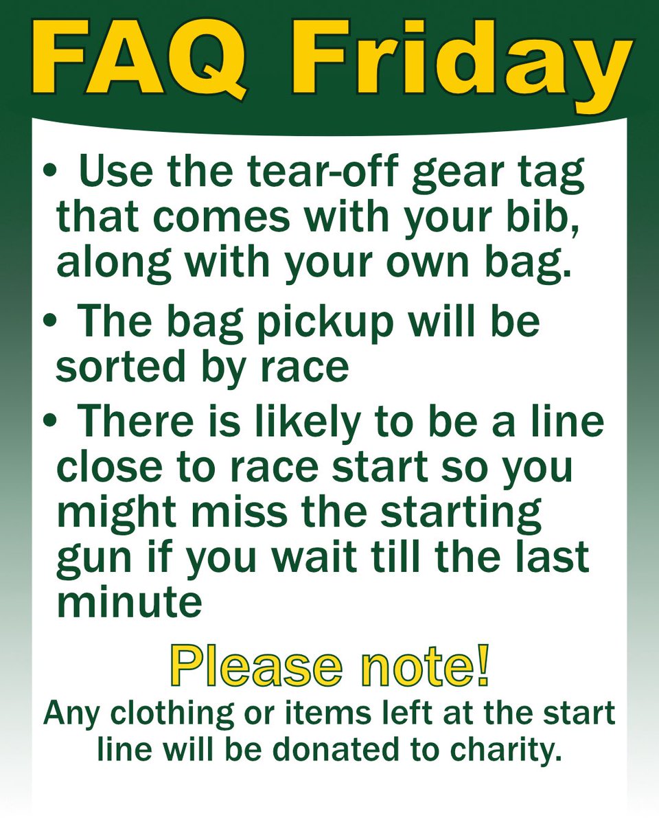 RunBaystate's tweet photo. FAQ Friday: Will there be a gear bag check? Yes!
⏰ Opens ~6:30 AM &amp; closes @ race start
🏷️ Use tear-off gear tag from bib
📍 Bags will be sorted by race &amp; taken to finish
⏳ Don’t wait until the last minute
⚠️ Items left at start will be donated
#BaystateMarathon #RunBaystate https://t.co/yJfr3RivJc