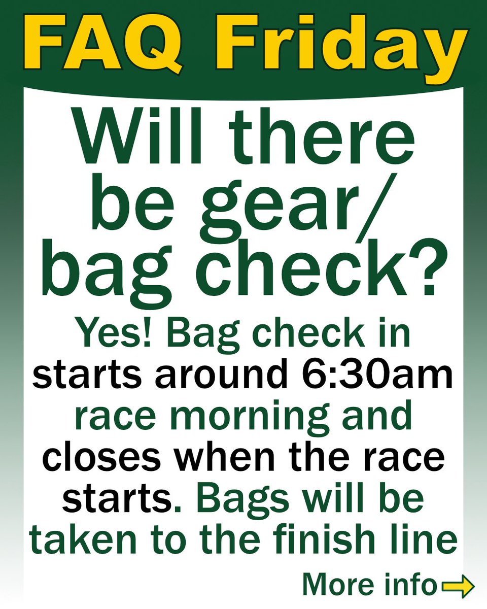 RunBaystate's tweet photo. FAQ Friday: Will there be a gear bag check? Yes!
⏰ Opens ~6:30 AM &amp; closes @ race start
🏷️ Use tear-off gear tag from bib
📍 Bags will be sorted by race &amp; taken to finish
⏳ Don’t wait until the last minute
⚠️ Items left at start will be donated
#BaystateMarathon #RunBaystate https://t.co/yJfr3RivJc