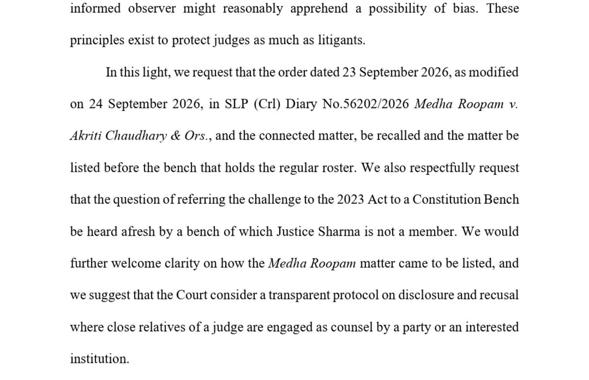 barandbench's tweet photo. #BREAKING Lawyers’ Association for Constitution raises questions of judicial propriety over Justice Satish Chandra Sharma hearing two matters on Sept 23; seeks recall of the order in Noida DM Medha Roopam’s case, fresh hearing on referring the EC appointments law challenge to a Constitution Bench, clarity on how Roopam’s case was listed, and a transparent disclosure and recusal protocol

LAFC flags that Roopam is CEC Gyanesh Kumar’s daughter and cites reports that Justice Sharma’s son is empanelled as standing counsel for the Election Commission before the Madhya Pradesh High Court. It stresses it is “not on the merits” but on “how these circumstances may appear to the public.”

#SupremeCourt @MedhaRoopam
