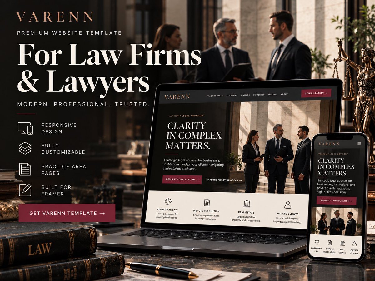 RamicTech's tweet photo. Built VARENN a premium Framer template for law firms, attorneys, and legal advisory practices.

Designed around clarity, credibility, and a strong editorial feel, with dedicated layouts for practice areas, attorneys, matters, industries, insights, and consultations.

Dark, refined, professional — without the typical generic legal website look.

#Framer #WebDesign #LawFirm #LegalDesign #FramerTemplate