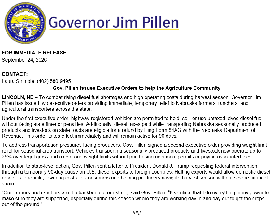 NEMAtweets's tweet photo. 🚜Harvest season relief for Nebraska farmers!

Gov. Jim Pillen has issued temporary measures to help with diesel costs and agricultural transportation, including diesel tax relief and a 25% weight-limit increase for seasonal farm transport.

Read more: https://t.co/cL7UZ6vea2 https://t.co/f0KcoGzAIC