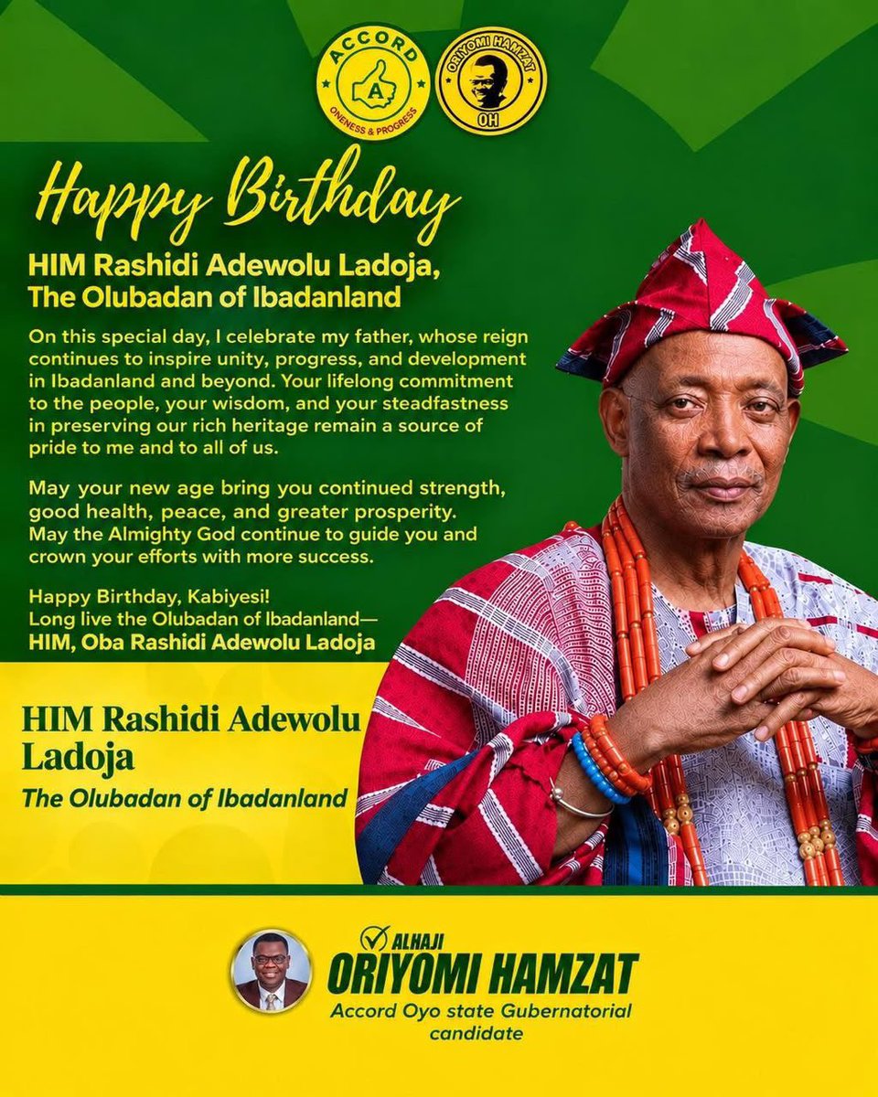 OriyomiHamzat_'s tweet photo. On this special day, I celebrate my father, whose reign continues to inspire unity, progress, and development in Ibadanland and beyond. Your lifelong commitment to the people, your wisdom, and your steadfastness in preserving our rich heritage remain a source of pride to me and to all of us.

May your new age bring you continued strength, good health, peace, and greater prosperity. May the Almighty God continue to guide you and crown your efforts with more success.

Happy Birthday, Kabiyesi!

Long live the Olubadan of Ibadanland

HIM, Oba Rashidi Adewolu Ladoja.

OH