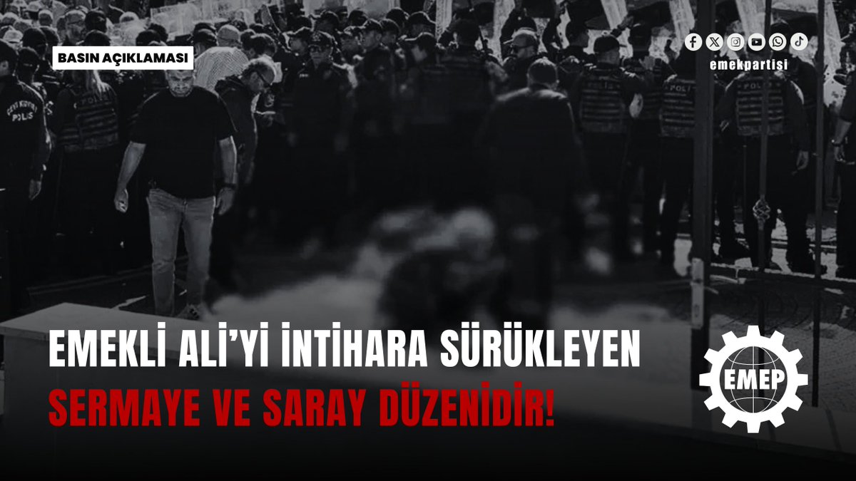 emekpartisi's tweet photo. Emekli Ali’yi intihara sürükleyen, sermaye ve Saray düzenidir!

Açlık sınırının yarısı düzeyindeki aylıklarla yaşamaya mahkum edilen emeklilerin, emekli aylıklarına seyyanen zam yapılması talebiyle Anayasa Mahkemesi önünde gerçekleştirdikleri eylem sırasında 2 çocuk babası emekli bir polis memuru beylik tabancası ile yaşamını sonlandırmak istedi.

Bu sıradan bir intihar girişimi değildir. Yoksulluğa mahkum edilen bir emekli Saray düzeni tarafından adım adım intihara sürüklenmiştir. AYM binası önünde yaşananlar iktidar eliyle tasarlanmıştır, göz göre göre gelmiştir.

Emekliyi intihara sürükleyen yoksulluğun sorumlusu; ülkeyi sermaye için cennet, emekçiler için cehenneme çeviren kapitalist düzenin kendisidir.

Emekliyi intihara sürükleyenler, trilyonları faiz ödemesi adı altında tefecilere aktarırken emeklileri açlığa mahkum edenlerdir.

Emekliyi intihara sürükleyenler, 5’li çetelere, yandaş müteahhitlere “garanti ödemeleri” adı altında milyarlar aktarırken emeklileri kümesten bozma otel odalarına mahkum edenlerdir.

Emekliyi intihara sürükleyenler sermayeye oluk oluk ucuz kredi akıtırken hayatını ancak borçla döndürebilen emeklilerin sırtındaki faiz yükünü katlayanlardır.

Bu cenderede kendisini yalnız ve çaresiz hisseden tüm işçilere, emekçilere, emeklilere sesleniyoruz!

Yalnız değilsiniz, yalnız değiliz!

Bu sömürü düzenini birleşerek değiştirebiliriz!

Bu düzeni değiştirmek için hemen birleşmeliyiz!

Seyit Aslan
Emek Partisi Genel Başkanı