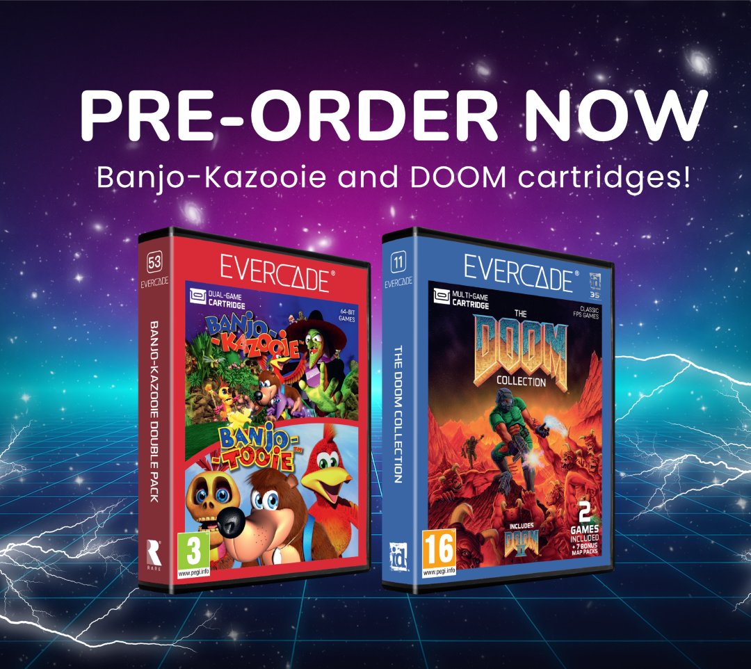 FunStockGames's tweet photo. Ready to add DOOM and Banjo-Kazooie to your Evercade shelf? Pre-order now! 😍 

UK: https://t.co/dTv2oX2rJo
EU: https://t.co/l4rxejplGF https://t.co/FZ1cssD8j0