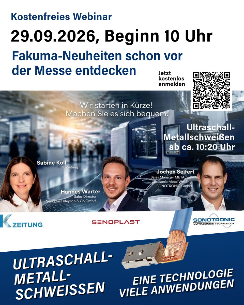 Sonotronic's tweet photo. Free K-ZEITUNG webinar 29 September 2026 | 10:00 a.m. ahead of @fakuma_messe 2026: Ultrasonic Metal Welding, one technology, many applications. See iSONIC ECO CUBE live at FAKUMA 2026, Hall 4, Booth 4104. #UltrasonicWelding #MetalWelding https://t.co/sdRO78vmDd