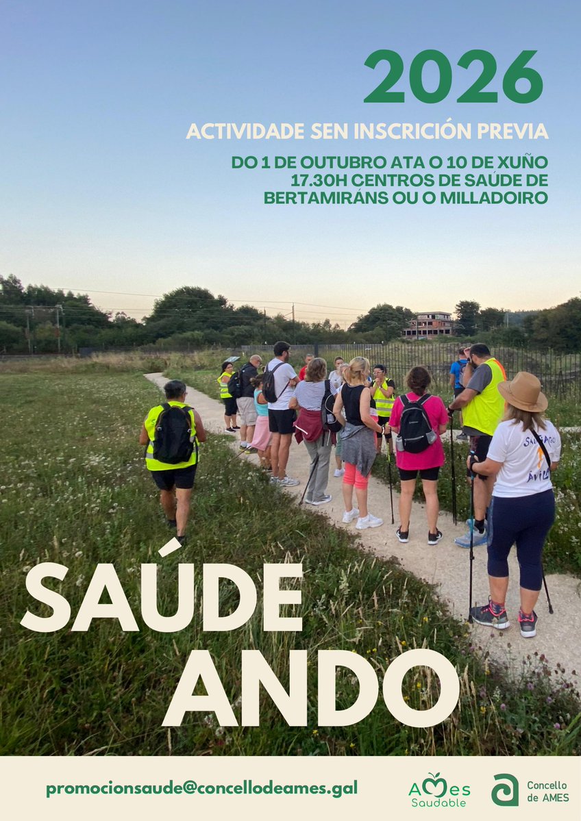 concellodeames's tweet photo. O programa SaúdeAndo inicia un novo curso con 33 andainas circulares no Milladoiro e Bertamiráns 🚶🏻♀️
👟Son rutas de dificultade media-baixa e que contan cunha duración aproximada de entre unha hora e hora e media.
🔗 https://t.co/VPY00RG97u
#SaúdeAndo #Benestar #ConcelloDeAmes https://t.co/Clqy7shLmw