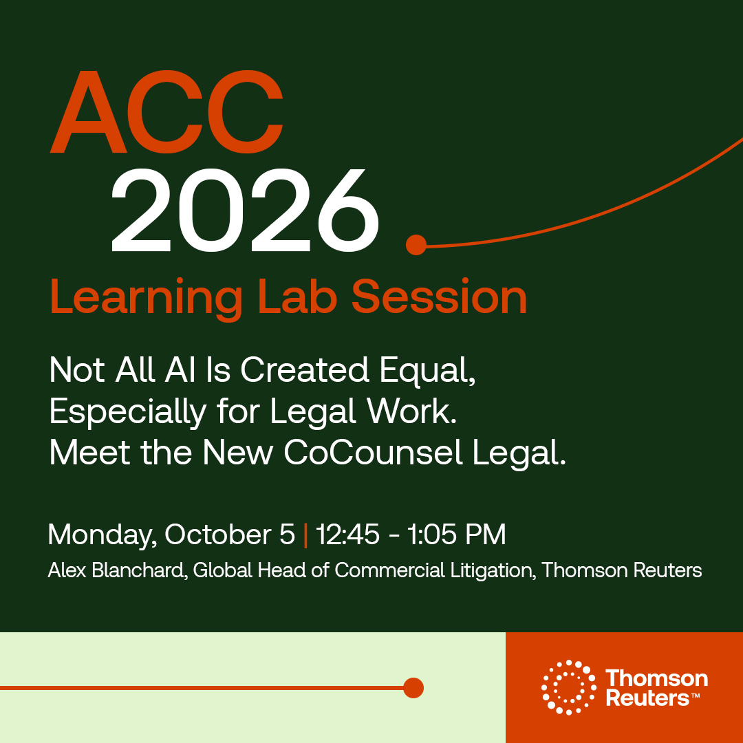 thomsonreuters's tweet photo. Heading to #ACCAM26? Thomson Reuters is bringing the latest in legal AI to our Learning Lab sessions. Visit us at booth 511 and plan your visit. Details below ⬇️
https://t.co/V4VVZ7HXYY https://t.co/sB8zFlXq1N