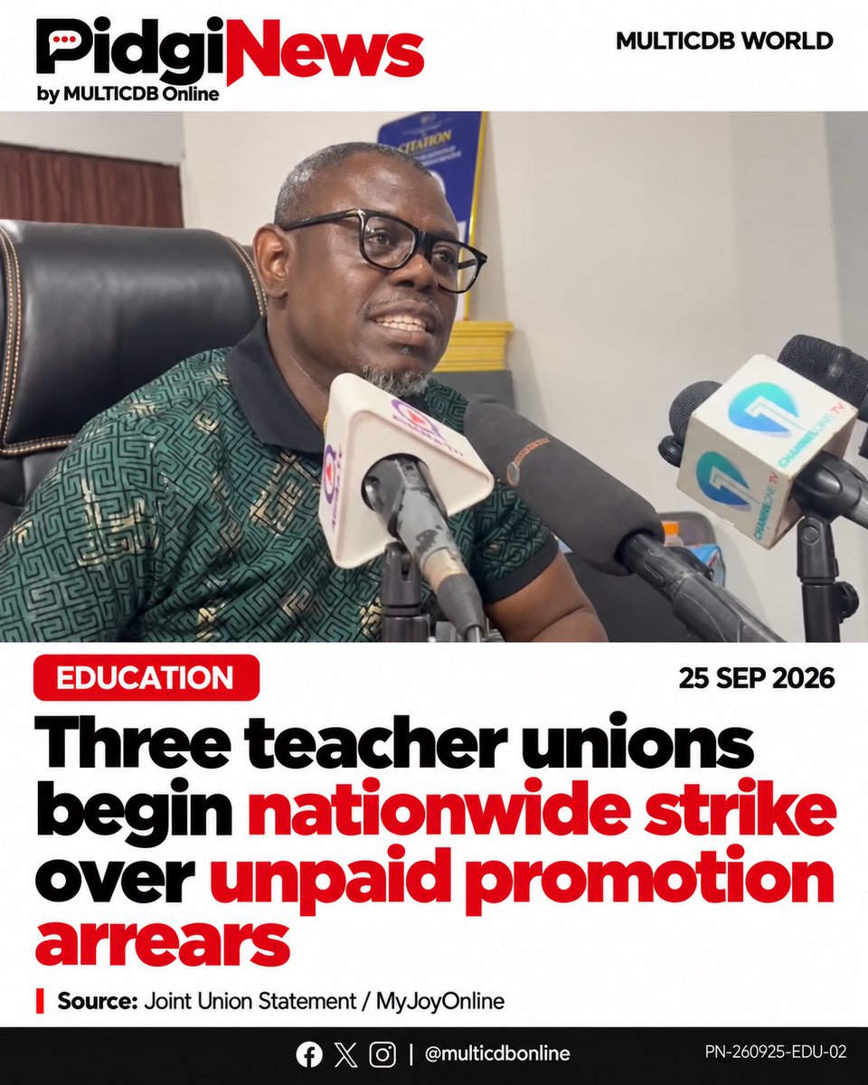 multicdbonline's tweet photo. GNAT, NAGRAT plus PRETAG begin nationwide strike today over unpaid promotion arrears and delayed negotiations. Parents and students, your school dey feel am?

#PidgiNews #MULTICDBOnline #MulticdbWorld #TeacherStrike #GhanaEducation https://t.co/Lkb1X0y0bs