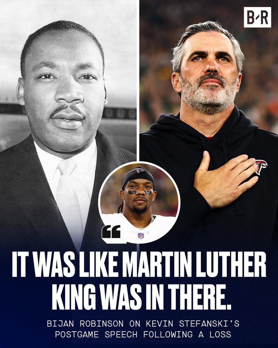 BleacherReport's tweet photo. Bijan Robinson says Kevin Stefanski brought the Falcons together with a speech after the Panthers loss that reminded him of Martin Luther King

Atlanta responded with a 21-point win over the Packers at Lambeau 🔥

(Via @SportsonPrime) https://t.co/OWmTJLy9HN