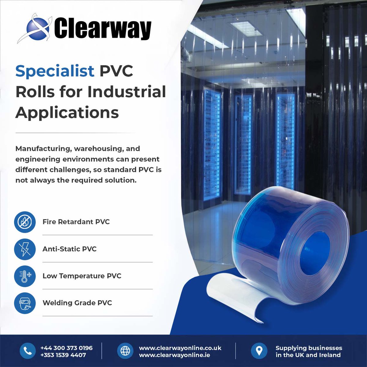 clearway_online's tweet photo. Does your workplace have specialist PVC requirements?
UK: 0300 373 0196
Ireland: +353 1 539 4407
UK: https://t.co/J0pIwxVGWd
Ireland: https://t.co/EvEmOMiGu5
#SpecialistPVC #PVCRolls #IndustrialPVC #Manufacturing #Warehousing #Engineering #FireRetardantPVC #AntiStaticPVC https://t.co/6WZAXSBm7a