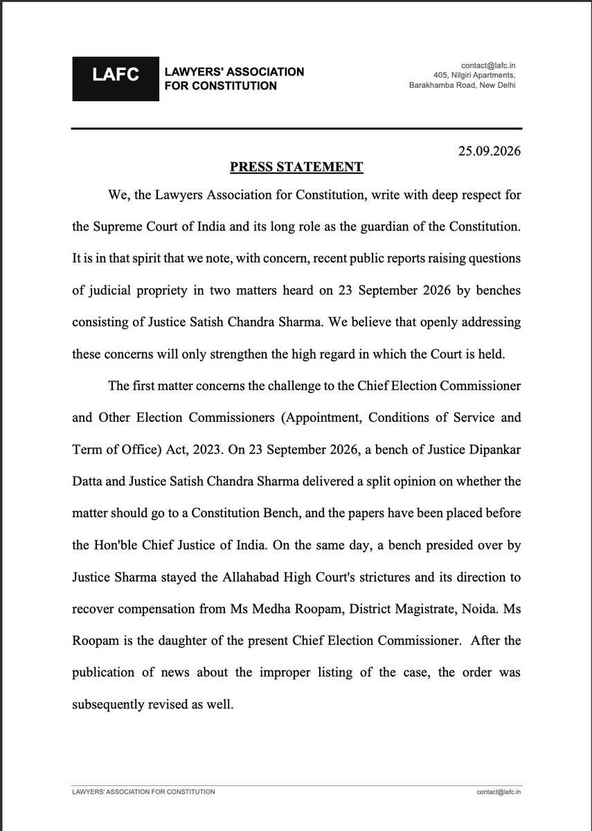LiveLawIndia's tweet photo. Lawyers Association For Constitution demands that the #SupremeCourt's orders referring the CEC Act challenge to the Constitution Bench, as well as giving interim relief to Noida DM Medha Roopam, be recalled in the light of reports that Justice Satish Chandra Sharma's son is a standing counsel for the Election Commission of India.

The Association demands that the matters be heard afresh by a bench in which Justice Sharma is not a member.

The Association also suggests a transparent protocol for disclosure by judges regarding any engagement of their close relatives by parties in the contest.
