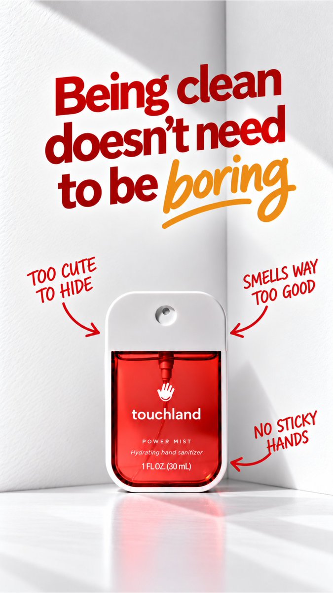 yuckdev's tweet photo. Day 5 of building in public and we’re working with Touchland.

This company is trying to do the impossible…make hand sanitizer something people actually want to buy.

Because let’s be real, hand sanitizer is a category where most people are perfectly fine grabbing whatever is cheapest or closest to them.

So Touchland has to give people a reason to give a shit.

Being clean is something everyone strives for…or at least I hope that’s the case.

But being clean while also making it feel fun? That’s the needle Touchland is trying to thread, and that’s what I wanted this ad to hit on.

Once again, the creative isn’t winning any design awards. This is also a brand where pretty product shots can only take you so far.

The copy is where I wanted to set it apart.

“Being clean doesn’t need to be boring.”

That gets basically the entire idea behind the brand down to one sentence.

Then instead of just saying it and hoping you believe me, the three callouts underneath give you reasons why:

Too cute to hide. Actually smells good. No sticky hands.

Looks better. Smells better. Feels better.

Turns out hand sanitizer doesn’t have to feel like something you stole from the front desk of a doctor’s office.

Five days in and I think I’m slowly learning to stop trying to make ads pretty and start trying to make them make sense.

Progress!

Day 5 in the books. See you tomorrow.