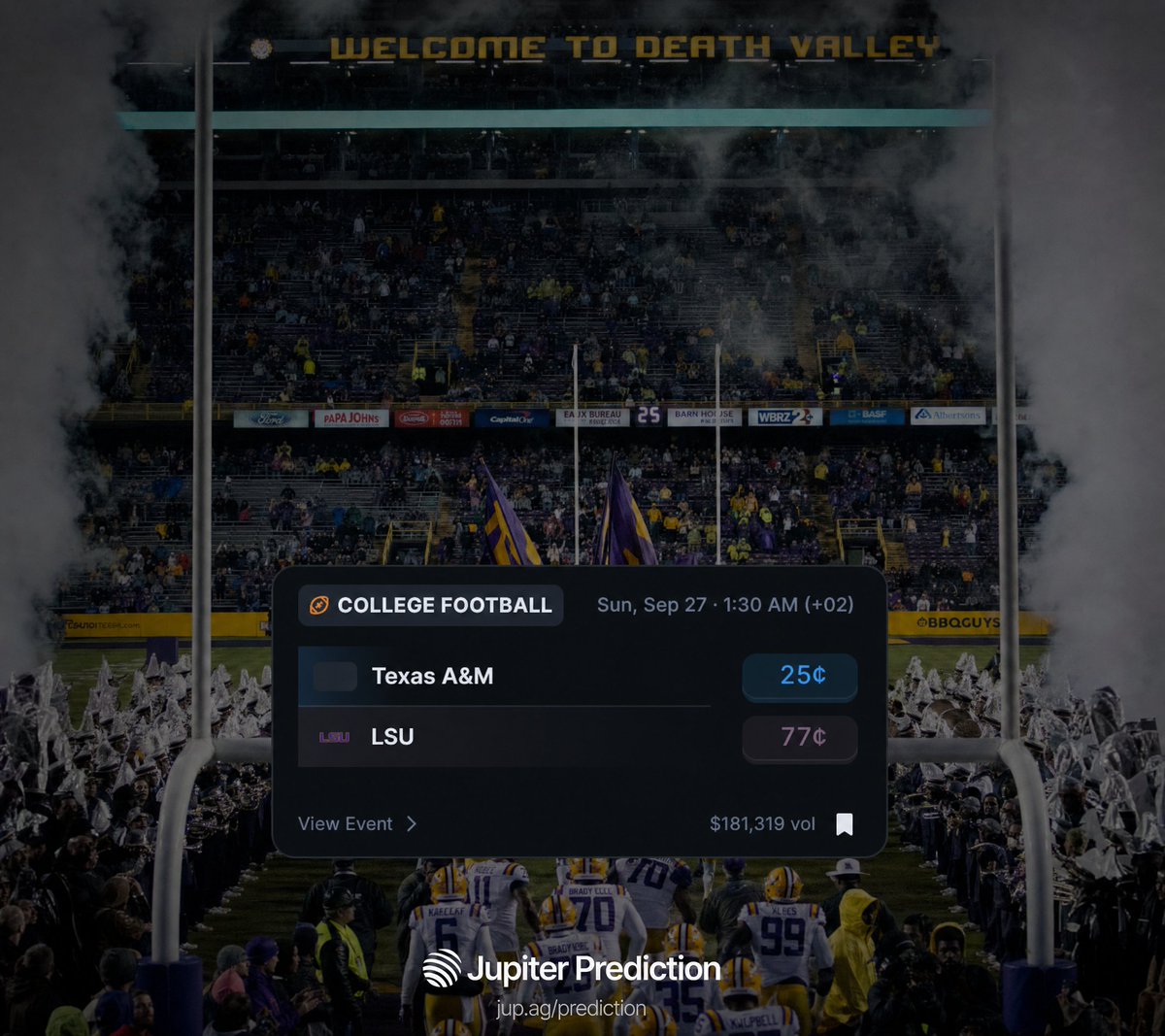 jup_predict's tweet photo. Texas A&M vs. LSU 🏈

Tomorrow night in Death Valley. 

Pick your winner, spreads or totals.